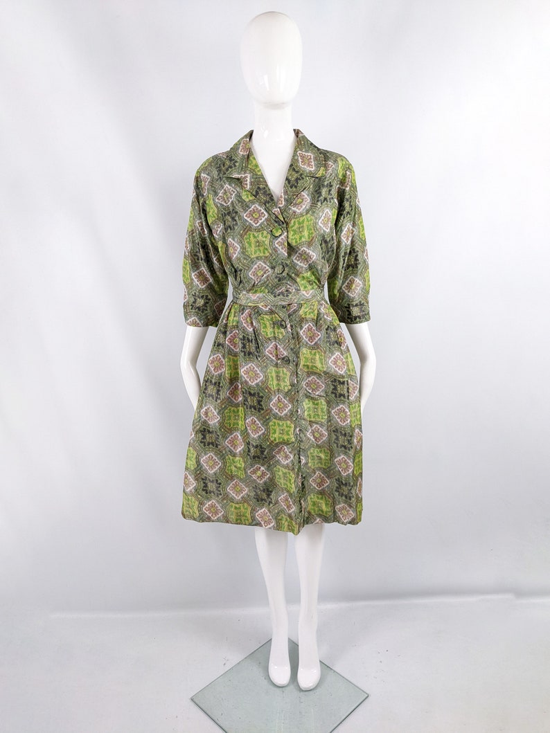 Robe vintage des années 1950 Robe chemise des années 50 Mme Barbieri Robe chemise verte à motifs des années 1950 UK 8 Small S image 2