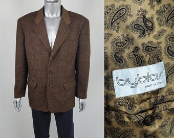 Vintage 80s BYBLOS Mens Italian Wool Blazer Jacket, Designer Vintage Brown Tweed Sport Coat, Ribbed Knit Collar, Shoulder Pads