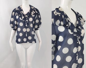 Camicetta vintage Jean Desses Paris a pois, top blu navy trasparente con volant
