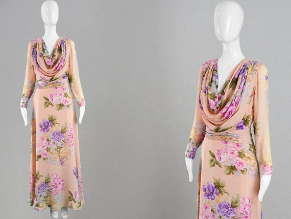 Vintage 70s LA MENDOLA Peach Crepe Dress Floral Ma