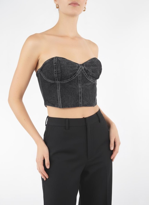 Genny Vintage Denim Boob Tube Black Jean Crop Top Sweetheart Neckline Sexy  Crop Top XS