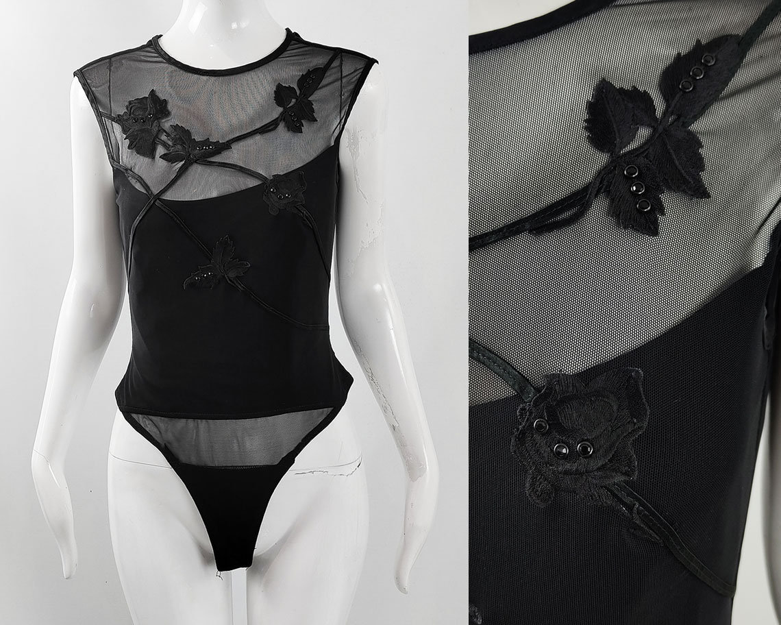 Vintage TADASHI SHOJI Semi Sheer Black Cut Out Bodysuit, 1990s