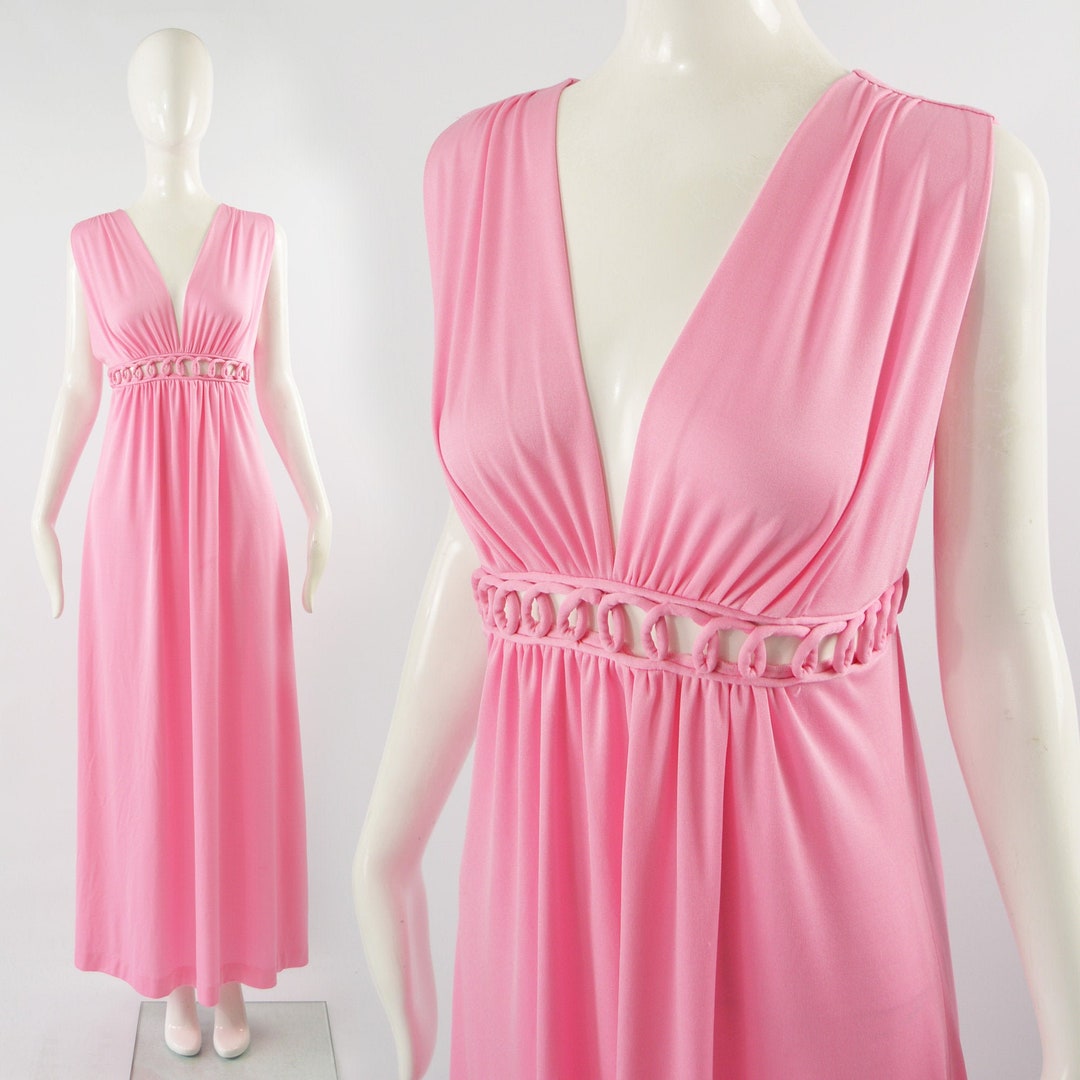 1970s Maxi Dress Cut Out Plunge Dress Pink Evening Gown - Etsy UK