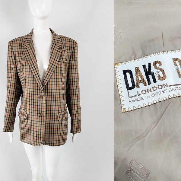 Veste blazer en laine pour femme DAKS vintage des années 80, veste à carreaux écossais, blazer des années 1980 pour femme, veste avec épaulettes, blazer de bureau élégant, blazer BCBG