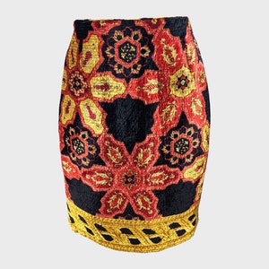 GIANFRANCO FERRE Black Velvet Skirt Evening Skirt 1980s Pencil Skirt Red & Gold Baroque Print Cocktail Party 80s Italian Designer Vintage