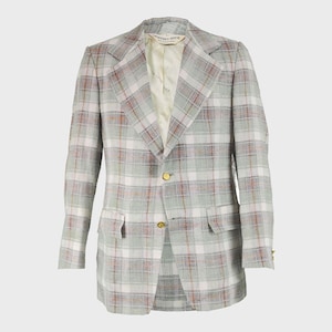 Vintage GEOFFREY BEENE 70s Blazer Mens Plaid Sport Coat Checked Linen Blazer Men Linen Jacket Green Wide Lapels Mod Jacket 1970s Blazer
