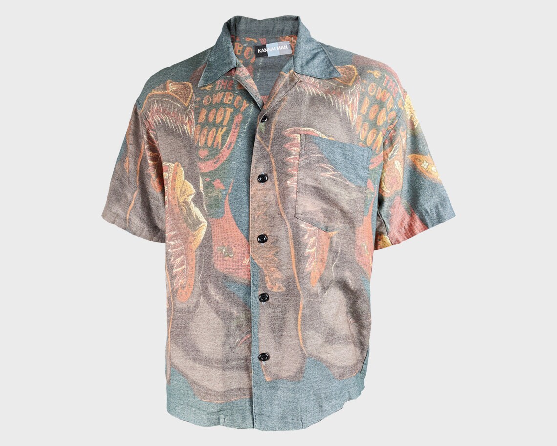 Image of Kansai Yamamoto Cowboy Shirt Japanese Designer Short Sleeve Grey & Orange Western Men Cow Boy Print 1980S Rockabilly Medium M