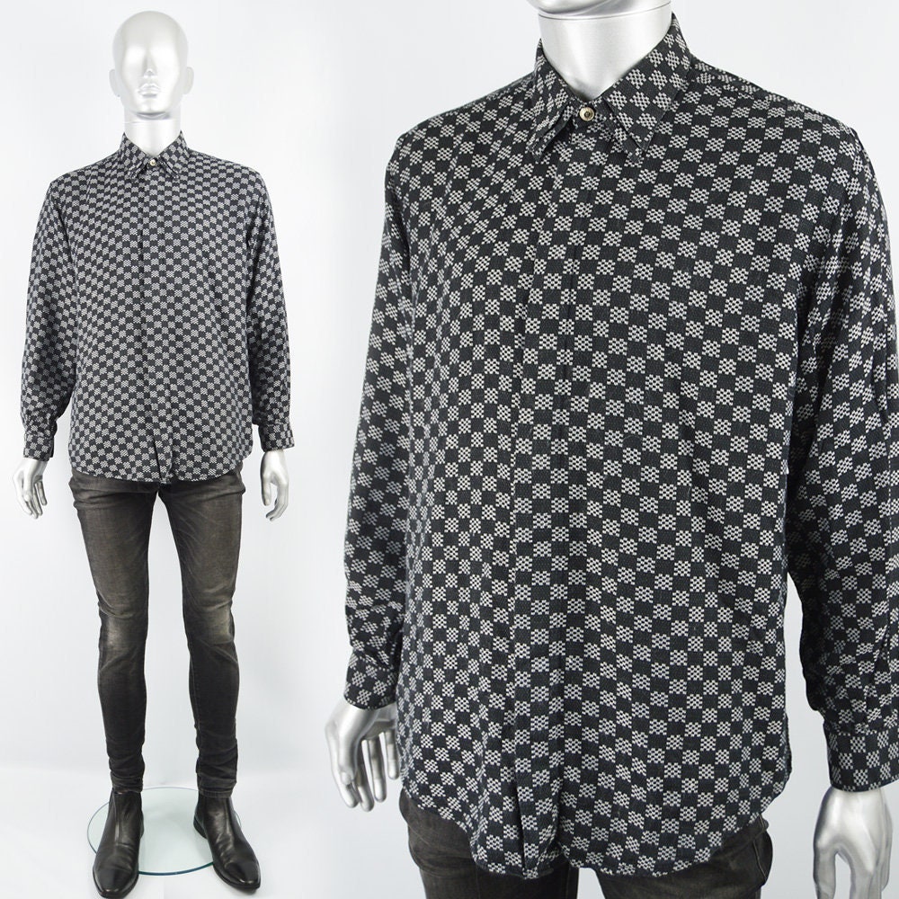 Image of Vintage Gianni Versace Shirt Checkerboard Pattern Black & White High Fashion Clothes Versace Classic V2 Long Sleeve Designer Men