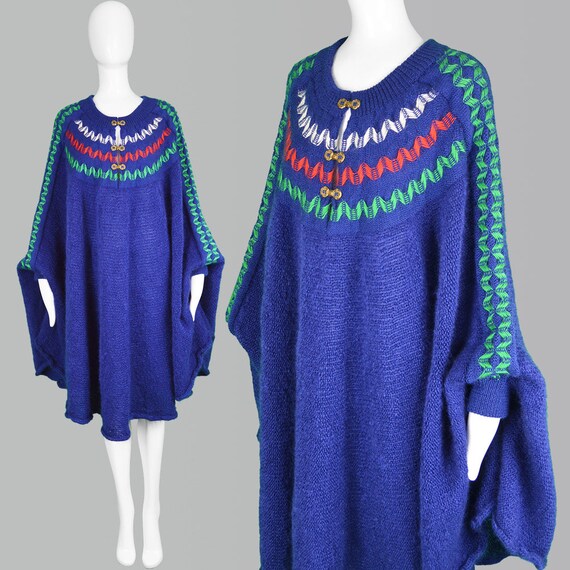 Vintage 80s Blue Mohair Cape Women Wool Cape Fuzzy