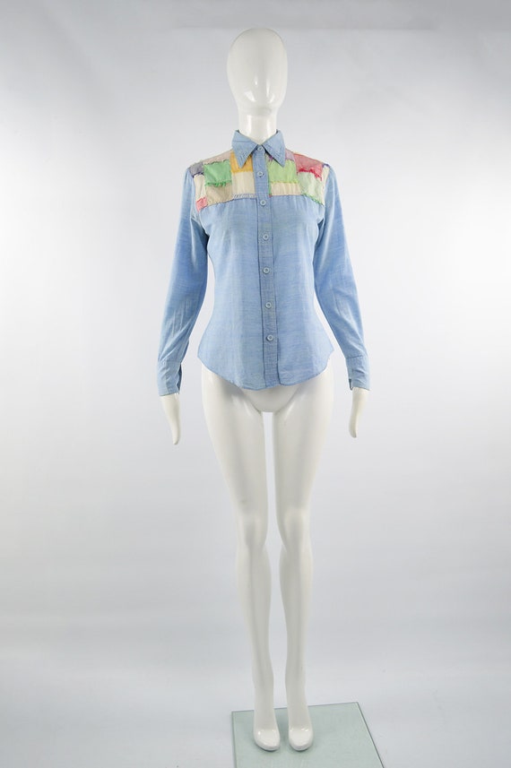 70s Boho Shirt Blue Chambray Patchwork Indian Cot… - image 2