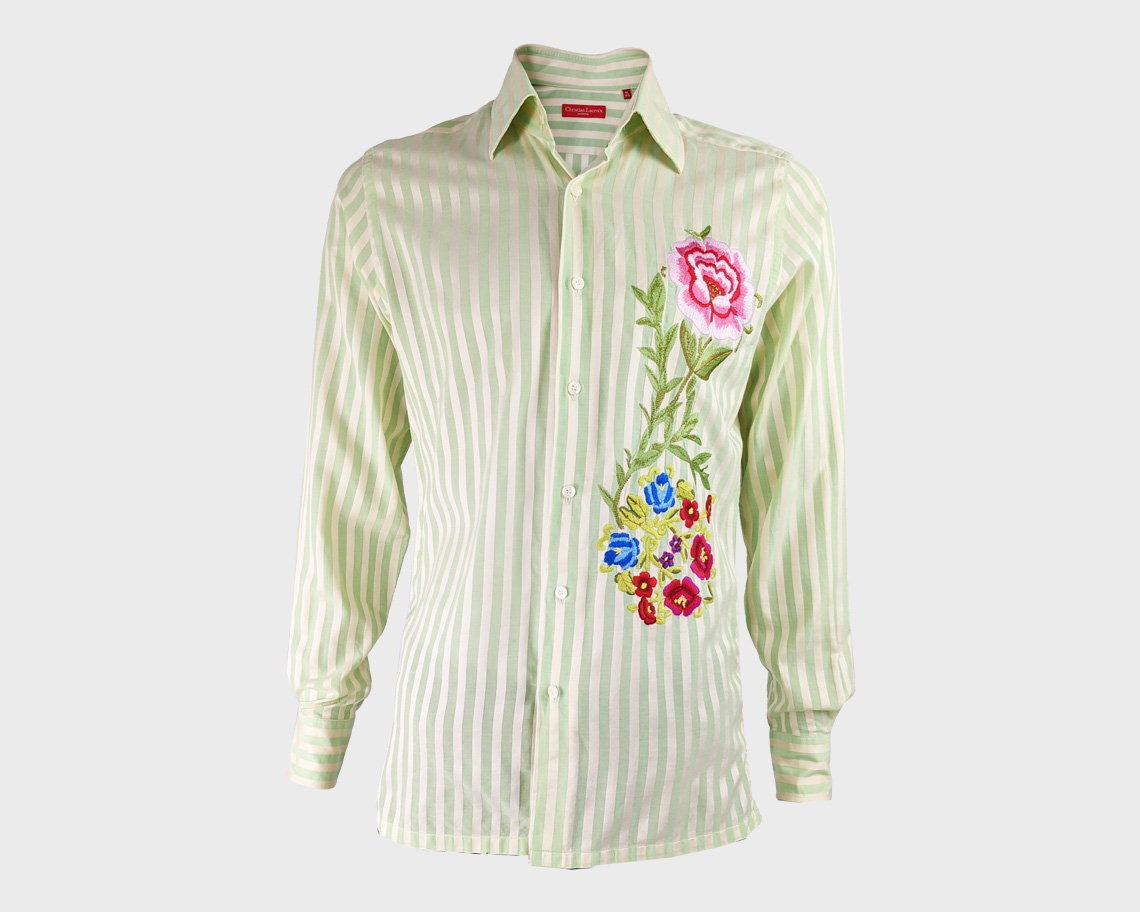 Image of Christian Lacroix Mens Striped Shirt Floral Embroidery Embroidered Yellow & Green Long Sleeve Button Up Dandy Peacock French Designer
