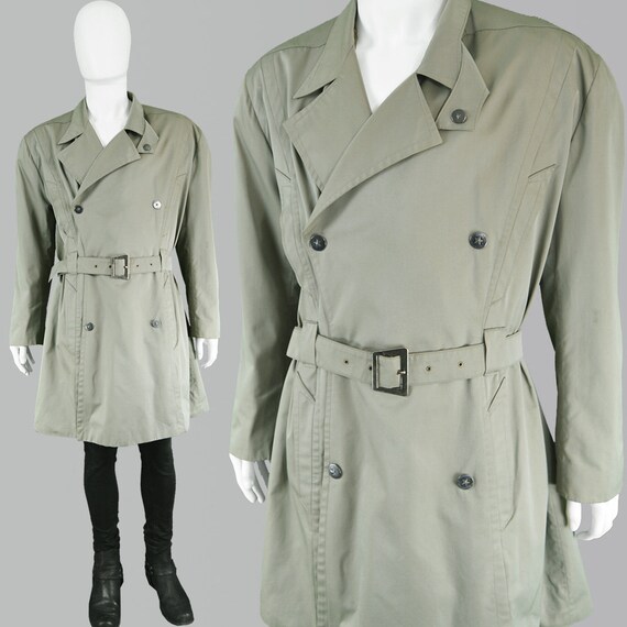 80s Men Double Jacket Trenchcoat Cotton Khaki MUGLER Coat Mens Coat Green Mac Breasted Jacket THIERRY Military Trench vintage Green Mens QxoBtChrsd