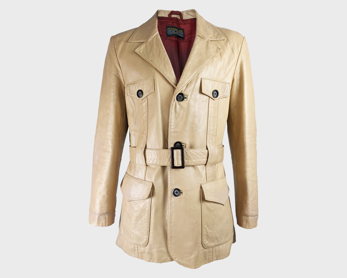 Image of 70S Leather Jacket Mens Coat Norfolk Belted Safari
