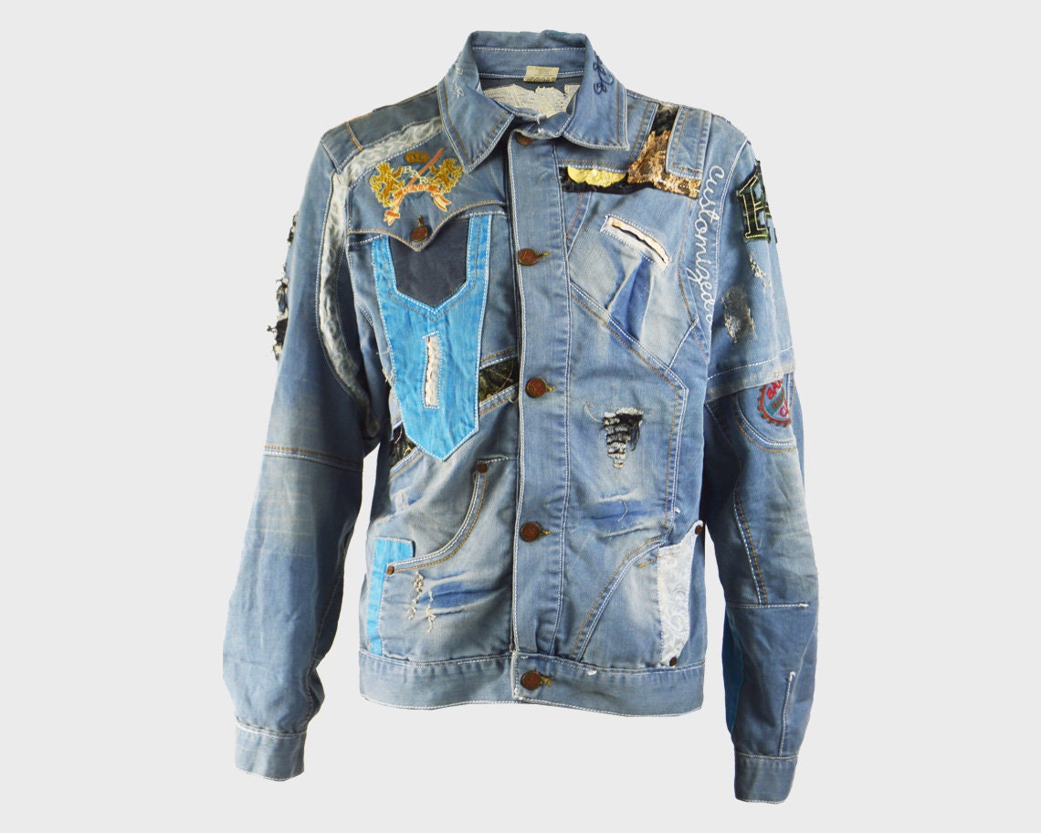 Image of 90S Mens Denim Jacket Patchwork Jean Blue Embroidered Xxl