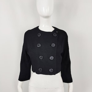 Vintage 1950s Cropped Jacket, Black Wool Simple Double Breasted Jacket, Tailored Short Late 50s Jacket, Bracelet Sleeve Midcentury Jacket