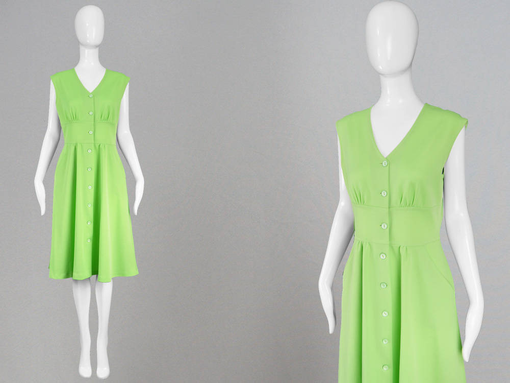 Image of Vintage S Green Dress Flared Skirt Sleeveless Fitted Waist Day S V Neck Mod Knee Length Summer