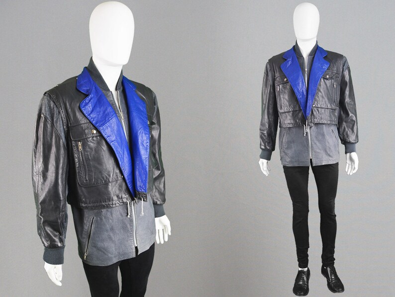 Vintage 80s Claude Montana Mens Two Piece Lambskin Leather Biker Jacket Designer French Lamb Black Blue Vest 1980s Er