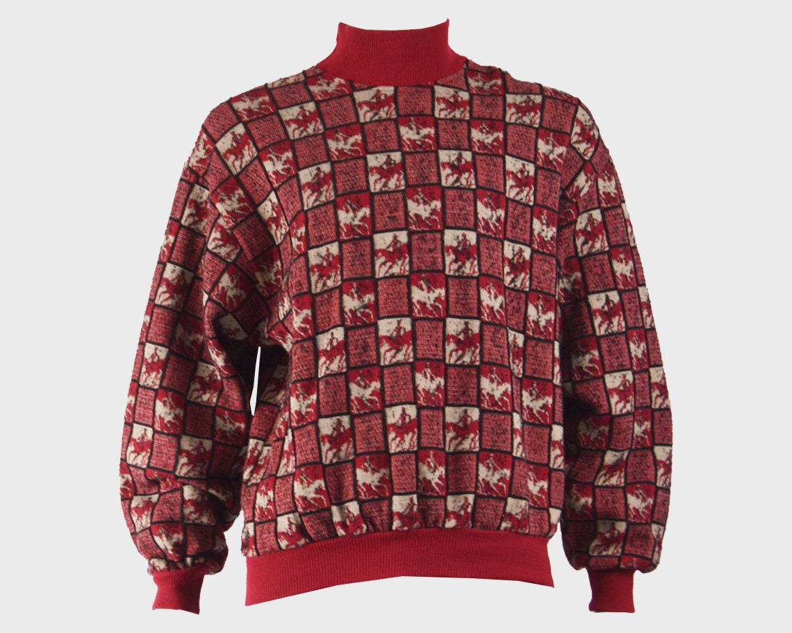 Image of Vintage Missoni Mens Red Sweater 1980S Cowboy Print Horse Lover Mock Neck Hipster Jumper Checked Checkerboard Pattern Italian Knitwear