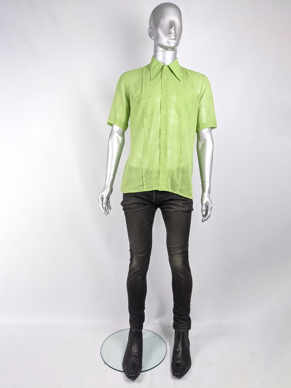 HARRODS 60s Mens Shirt Green Cotton Mens Sheer Sh… - image 2