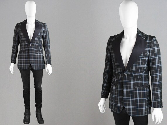 Vintage 70s Checked Blazer Mens Tuxedo Jacket 1970