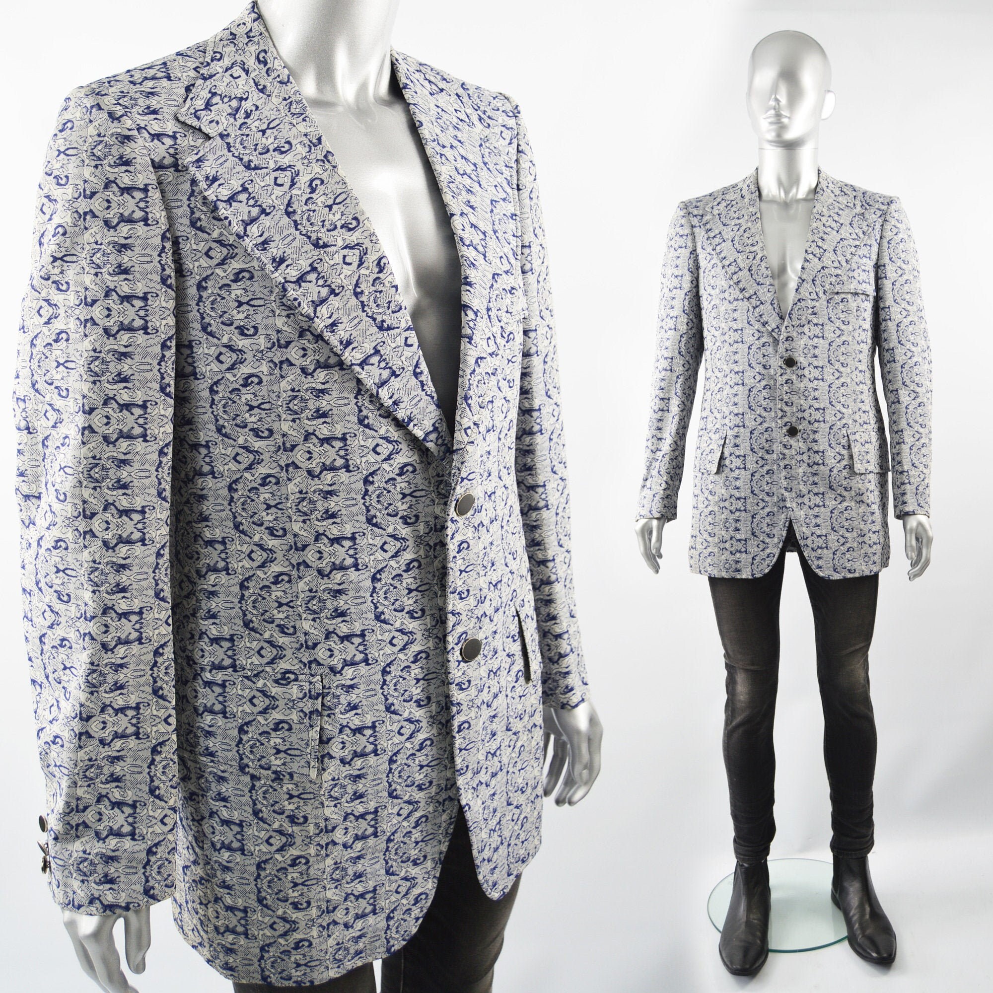 Image of 60S Mod Menswear Blue & White Patterned Blazer Jacket