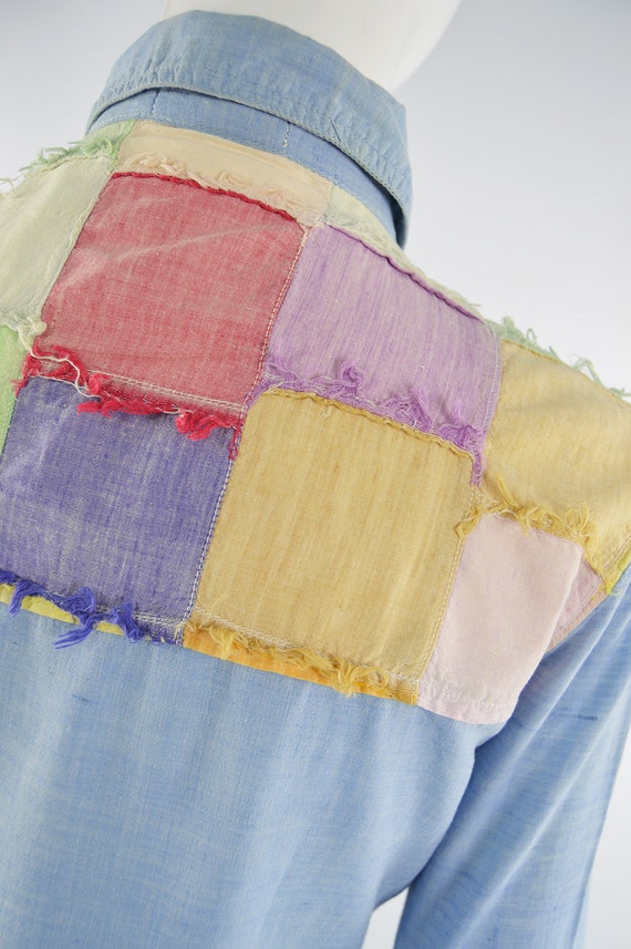 70s Boho Shirt Blue Chambray Patchwork Indian Cot… - image 8