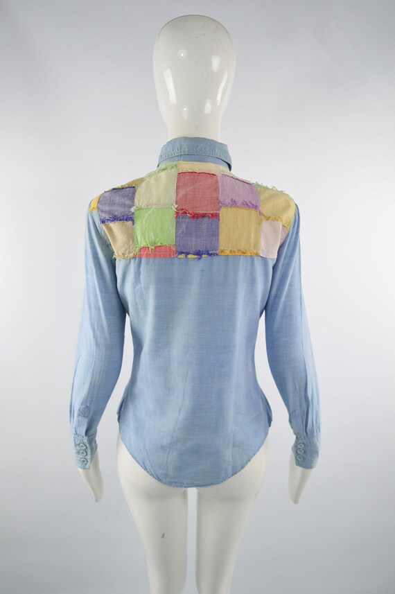 70s Boho Shirt Blue Chambray Patchwork Indian Cot… - image 7