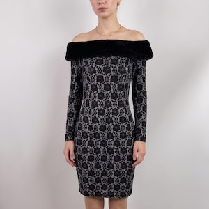Vintage 90s Black Lace Dress, Faux Fur Trim, Ikito for Jiki of Monte Carlo
