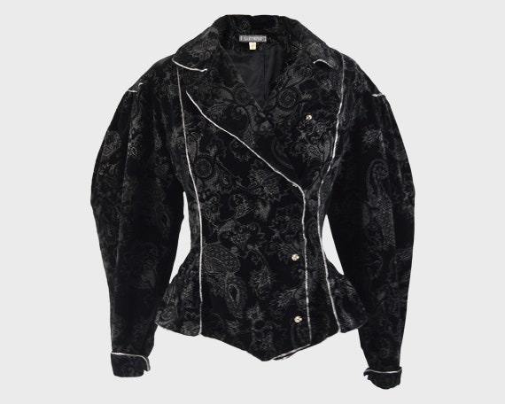 80s Black Velvet Jacket Victorian Style Puffed Sle