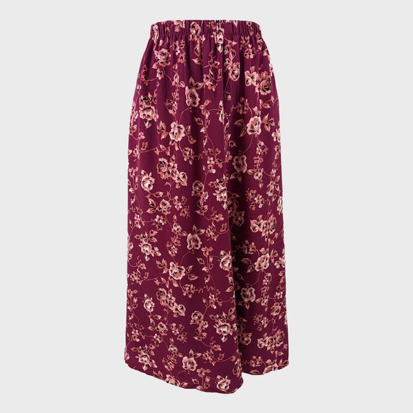 Vintage 90s midi skirt, dark pink floral skirt, mid length skirt, 1990s skirt, 90s grunge skirt, elasticated waist, cottagecore skirt | L