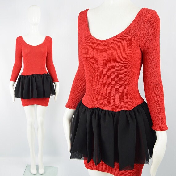 80s HUNZA Red & Black Scoop Neck Jersey Chiffon Sk