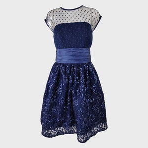 Vintage 80s evening dress,  MORTON MYLES, 1980s evening dress, navy blue party dress, sleeveless dress, lace dress, tulle sequin