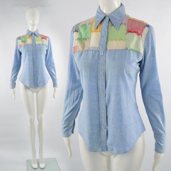 70s Boho Shirt Blue Chambray Patchwork Indian Cot… - image 1