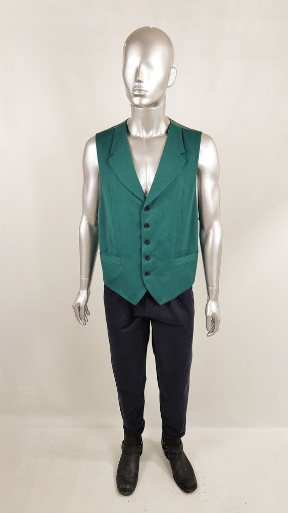 Byblos, Vintage BYBLOS Mens 1980s Green Italian Pure Wool Designer Vest, 80s Party Waistcoat