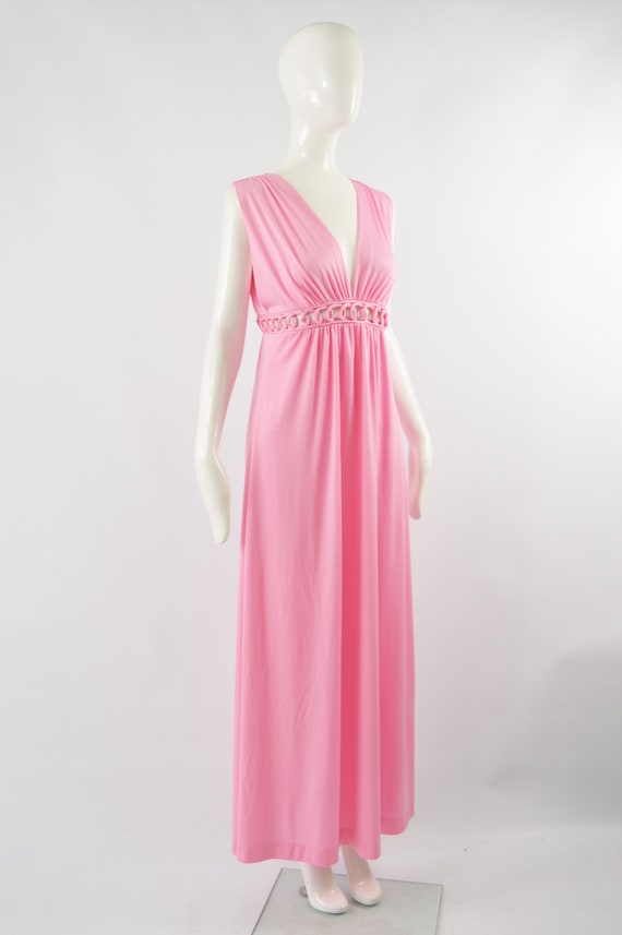 1970s Maxi Dress Cut Out Plunge Dress Pink Evenin… - image 5