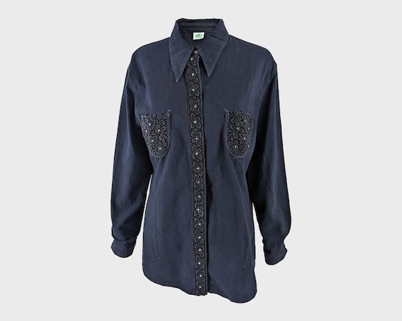 Vintage 80s Beaded Western Shirt - Dark Navy Cotton Lace Trim