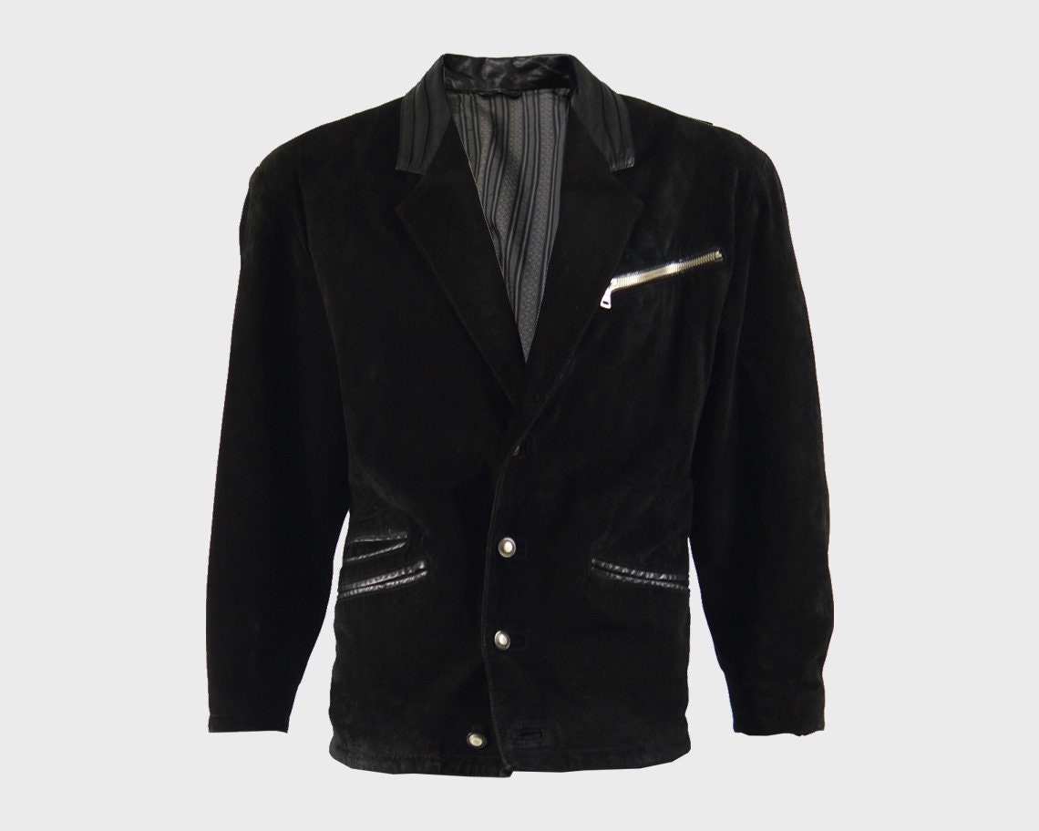 Image of 80S Black Suede Coat Mens Leather Jacket Rocker Medium M