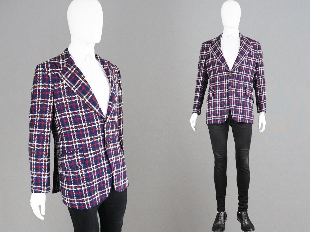 Image of Vintage 60S 70S Checked Wool Blazer Mens Mod 1960S Sport Coat Plaid Jacket Tailored Carnaby Street Style Notched Lapels