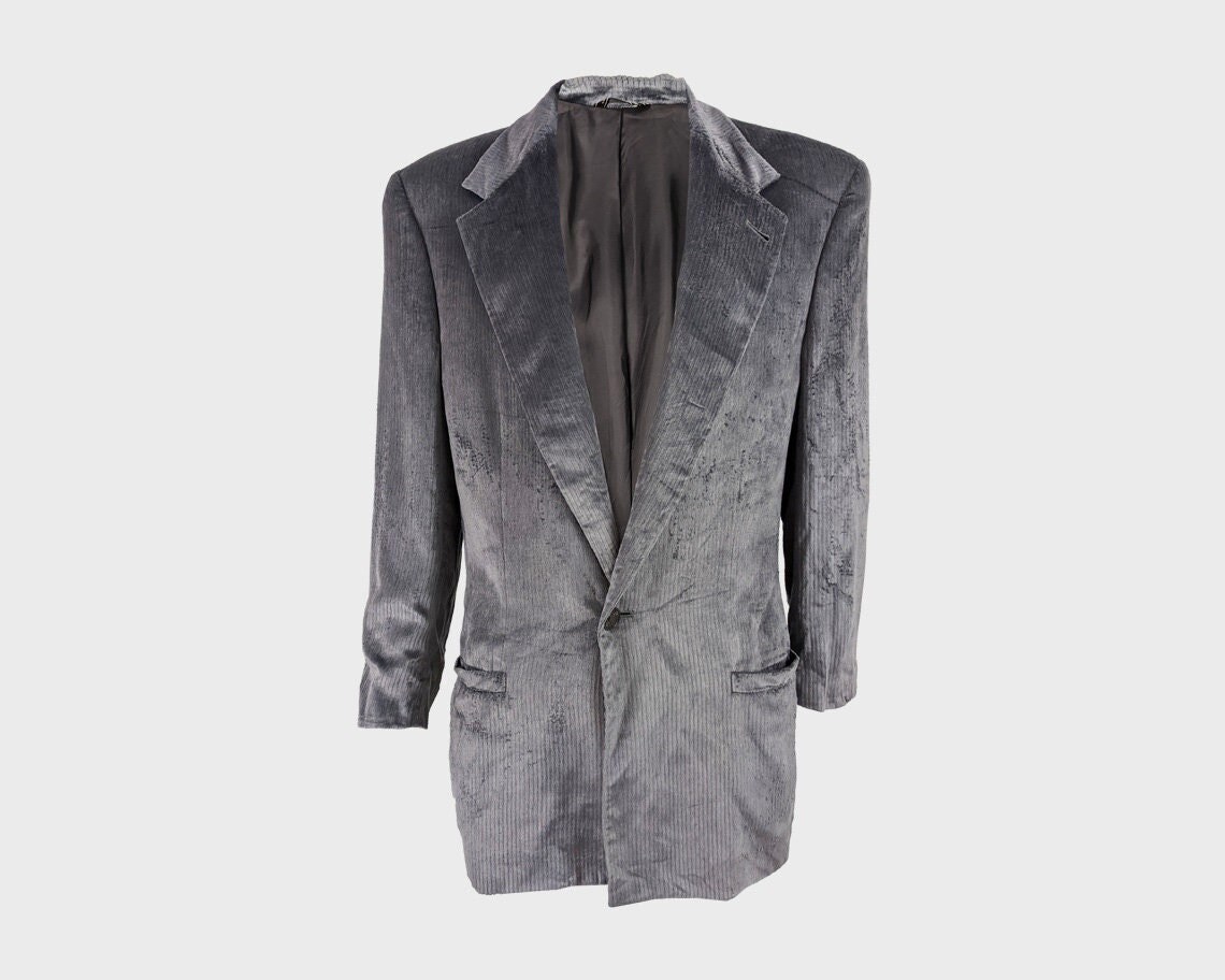 Gianni Versace Jacket Men Velvet Blazer Grey Shoulder Pads Silver Dinner Jacket It 54 US 44 XXL
