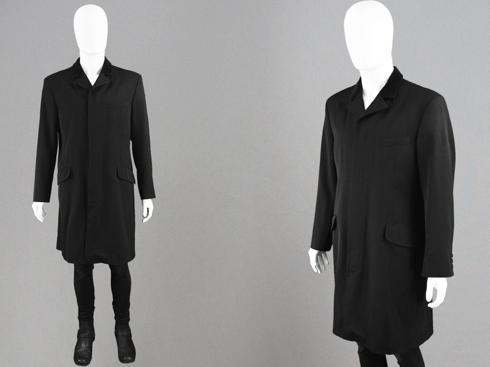 Image of 90S Katharine Hamnett Black Wool & Velvet Collar Men Frock Coat