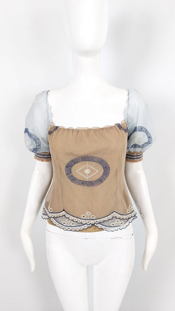 Vintage RONIT ZILKHA Top, Pastel Blue, Sheer Mesh Top, Fairycore Clothing, Faerie Blouse, Cottagecore, Embroidered Y2K Top