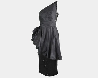 MIGNON 70s 80s Party Dress Black Cocktail Dress One Shoulder