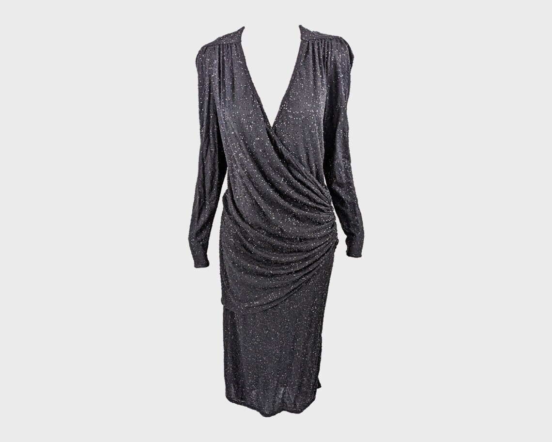 Vintage Frank Usher Beaded Dress Black Party Dress Maxi Sequin Dress Draped Dress Crossover Front Faux Wrap 1980s Formal Dress Backless