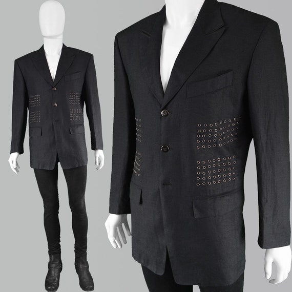 Vintage 80s Claude Montana Mens Linen Blazer Black Image 0