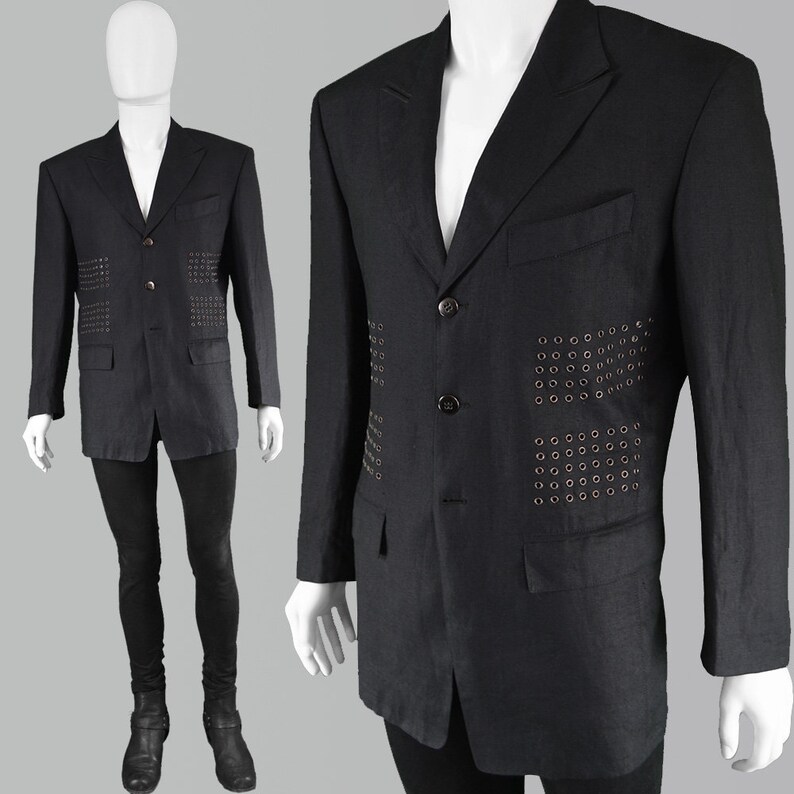 Vintage 80s Claude Montana Mens Linen Blazer Black Party Jacket Men Avant Garde Unusual Clothing Designer