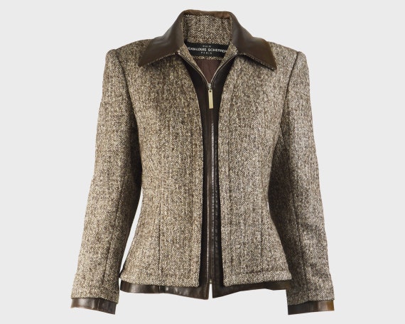 Vintage JEAN LOUIS SCHERRER Brown Leather Trim Silk Tweed Jacket