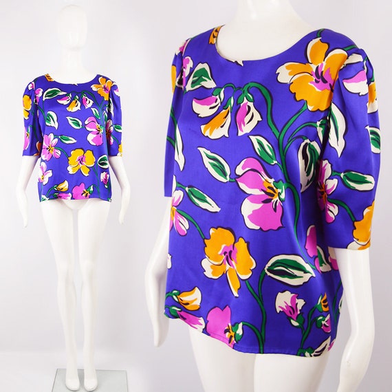 80s GIVENCHY Blouse Bright Floral Print Pure Silk