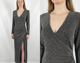 Vintage Tadashi Shoji Silver Lurex Maxi Dress, Plunge Neck Evening Gown