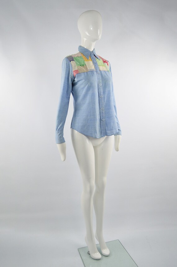 70s Boho Shirt Blue Chambray Patchwork Indian Cot… - image 6