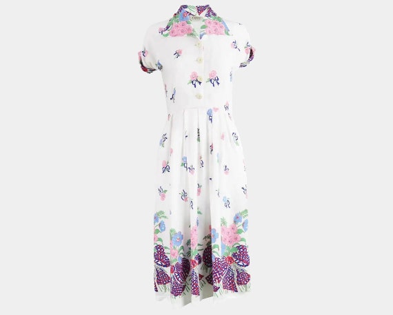40s 50s Floral Dress White Rayon Novelty Print Whi